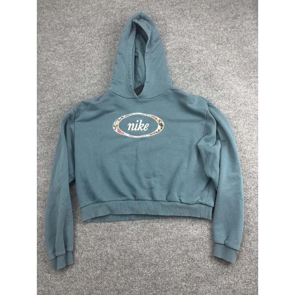 Nike Hoodie Womens Medium Teal Cropped Pullover Floral Logo Swoosh Embroidered